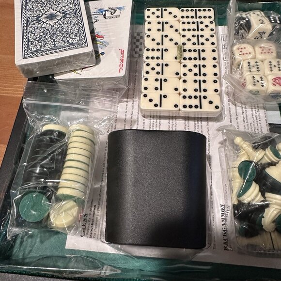 Vtg Multi Game Set Backgammon Chess Checkers Dominoes Poker Dice Cards Complete - Picture 6 of 13